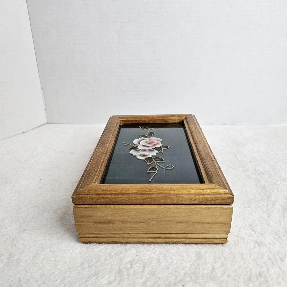 Vintage Wooden And Glass Hand Painted Jewlery Box
